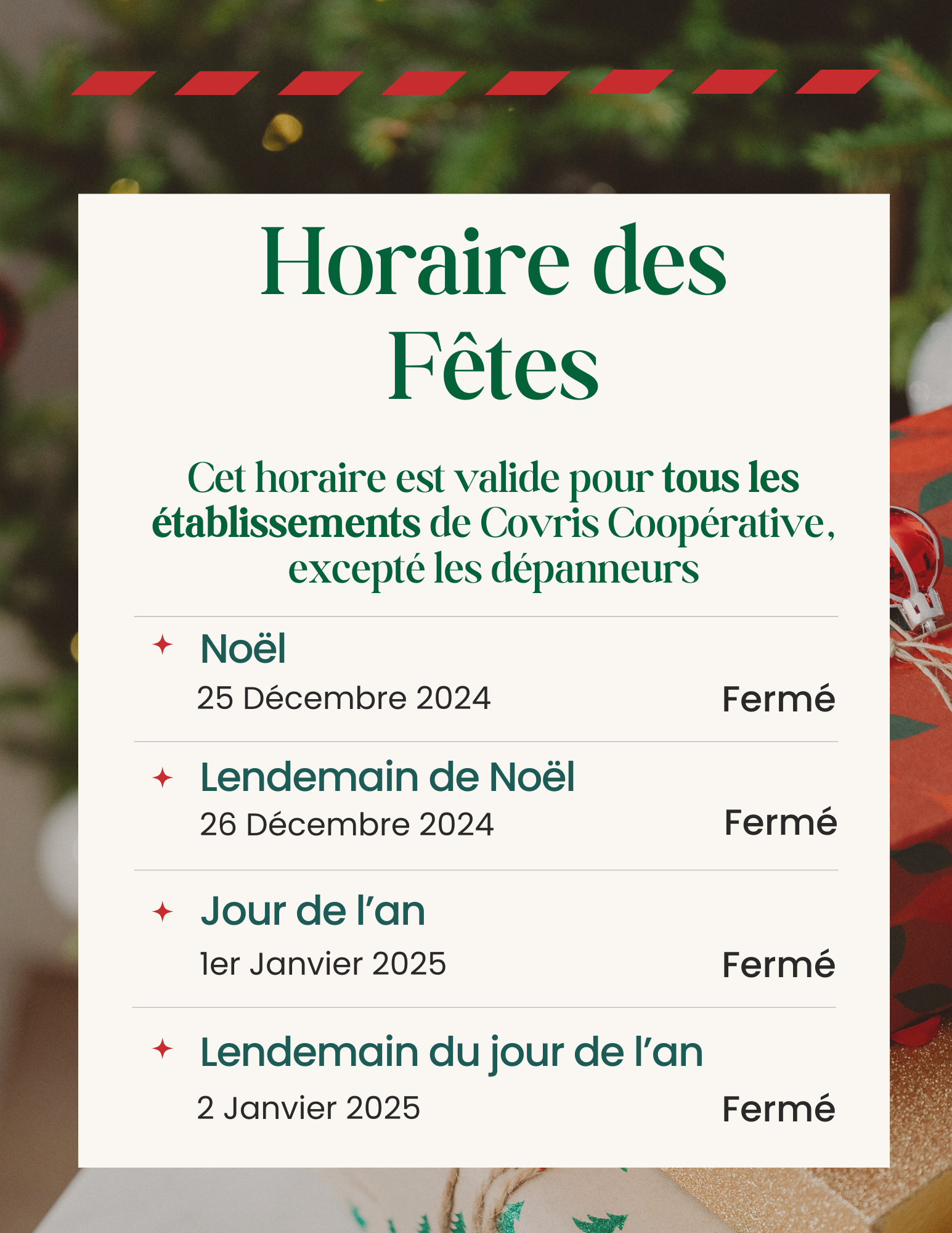 Horaires des fêtes